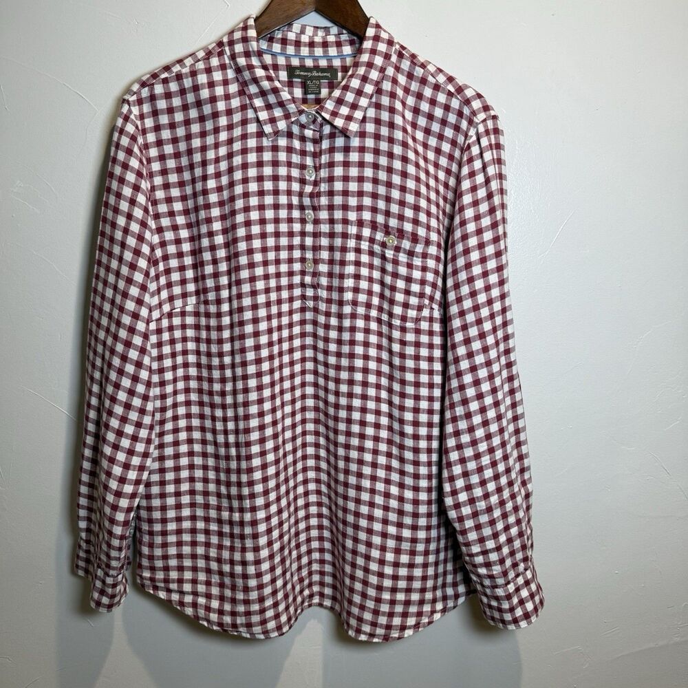 Tommy Bahama Red and White Gingham Linen Long Sleeve Women's Shirt Size XL - Picture 2 of 13